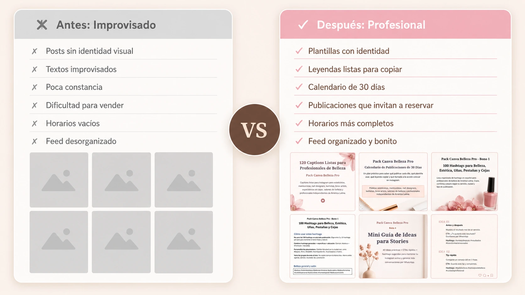 Comparación visual: Instagram desorganizado versus Instagram profesional con el Pack Canva Belleza Pro