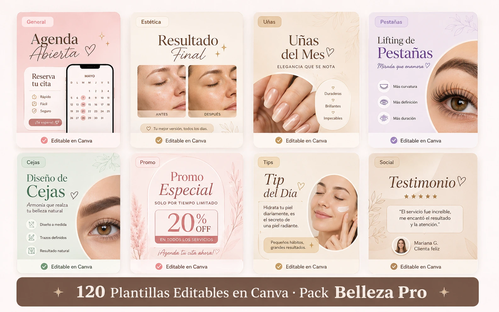Grid con 8 plantillas del Pack Canva Belleza Pro mostrando diseños para uñas, estética, pestañas, cejas y agenda abierta